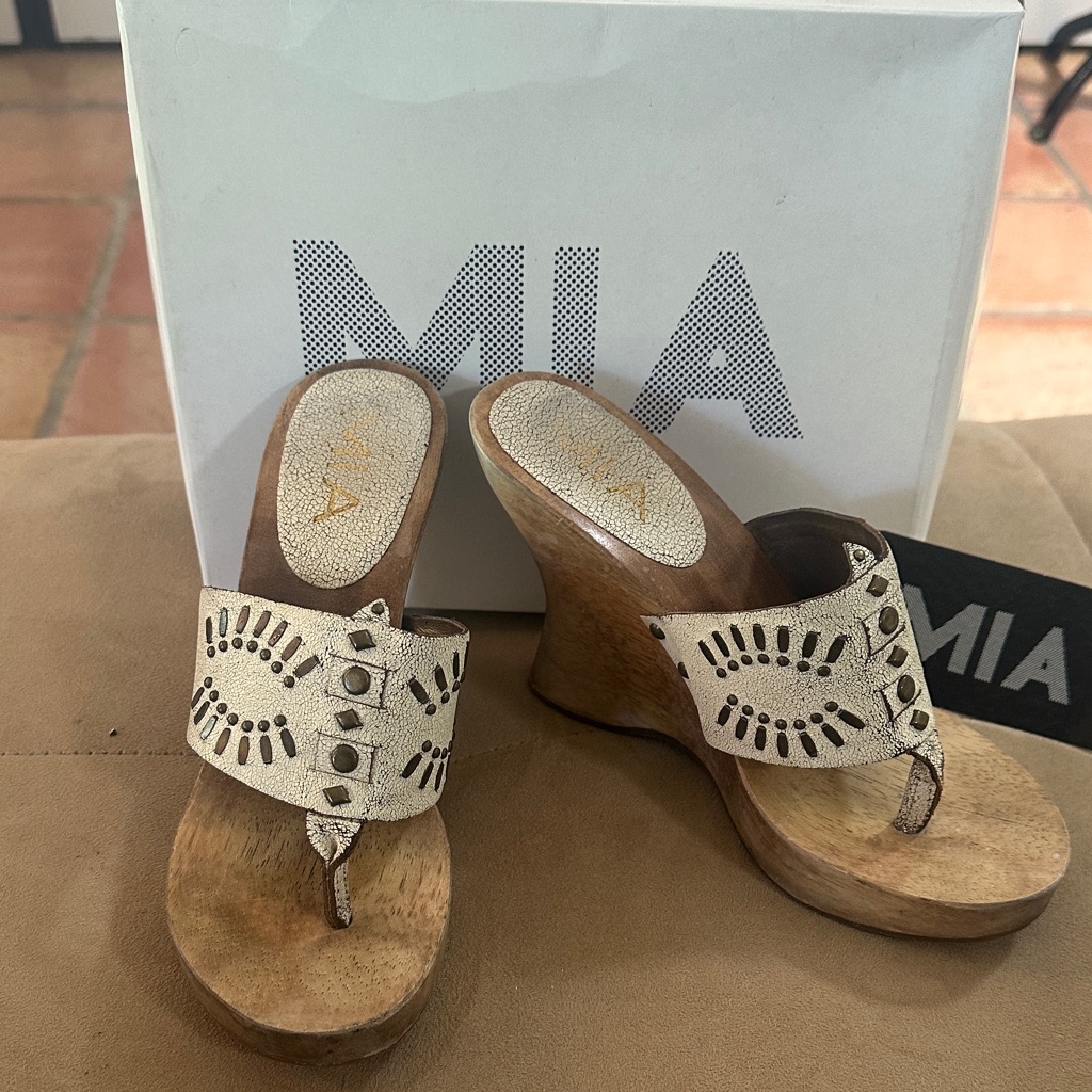 Mia Tan Wood Leather Wedge Sandals